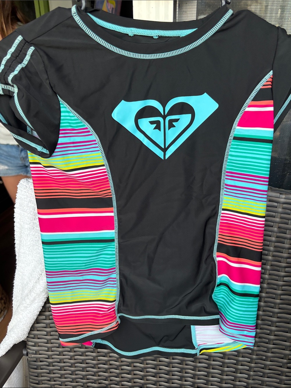 Roxy Black Rashguard with Turquoise Logo and Multicolor Stripes